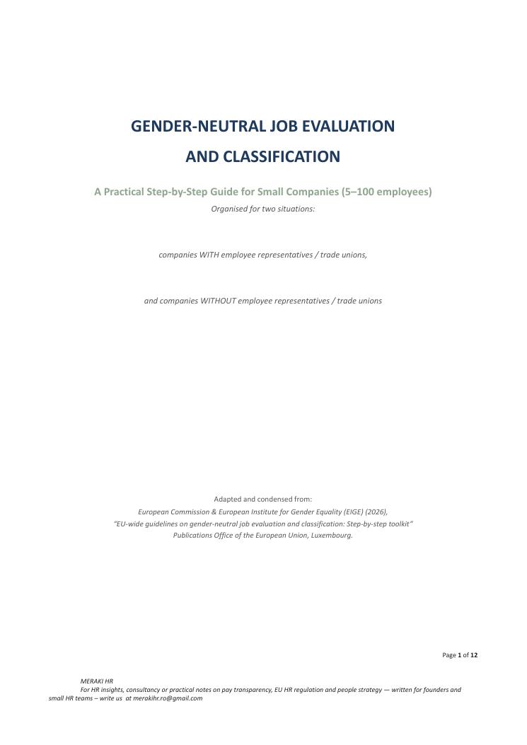Cover page of the MERAKI HR guide to gender-neutral job evaluation and classification