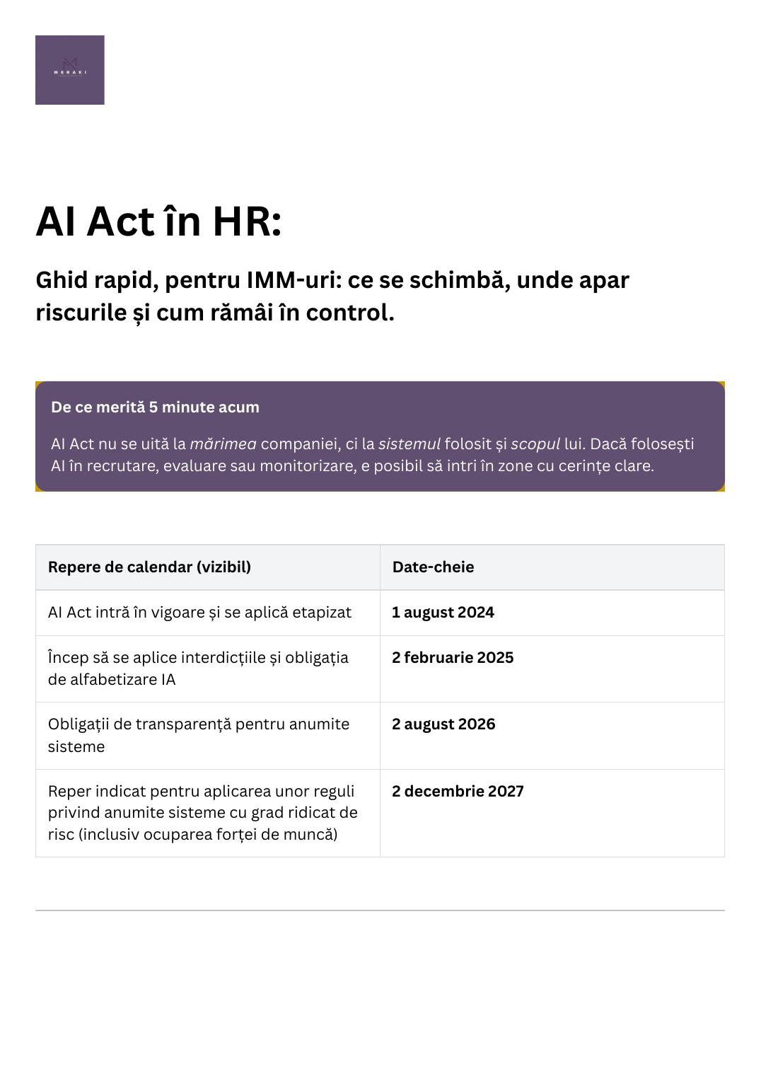 Prima pagină din ghidul MERAKI HR „AI Act în HR” cu reperele de calendar ale Regulamentului european privind inteligența artificială