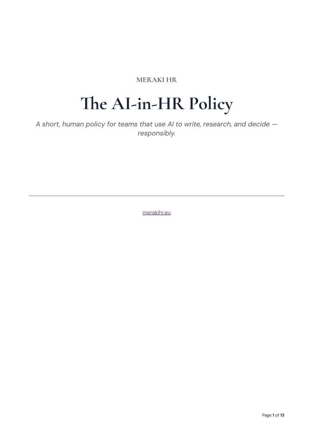 Cover page of the MERAKI HR AI-in-HR Policy template