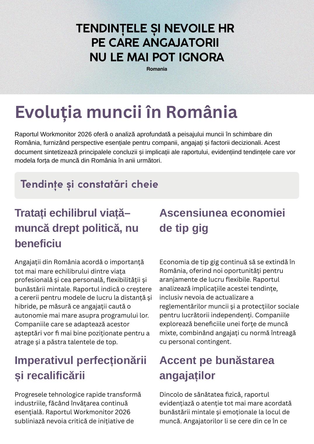 Prima pagină din sinteza MERAKI HR despre tendințele HR din România în 2026